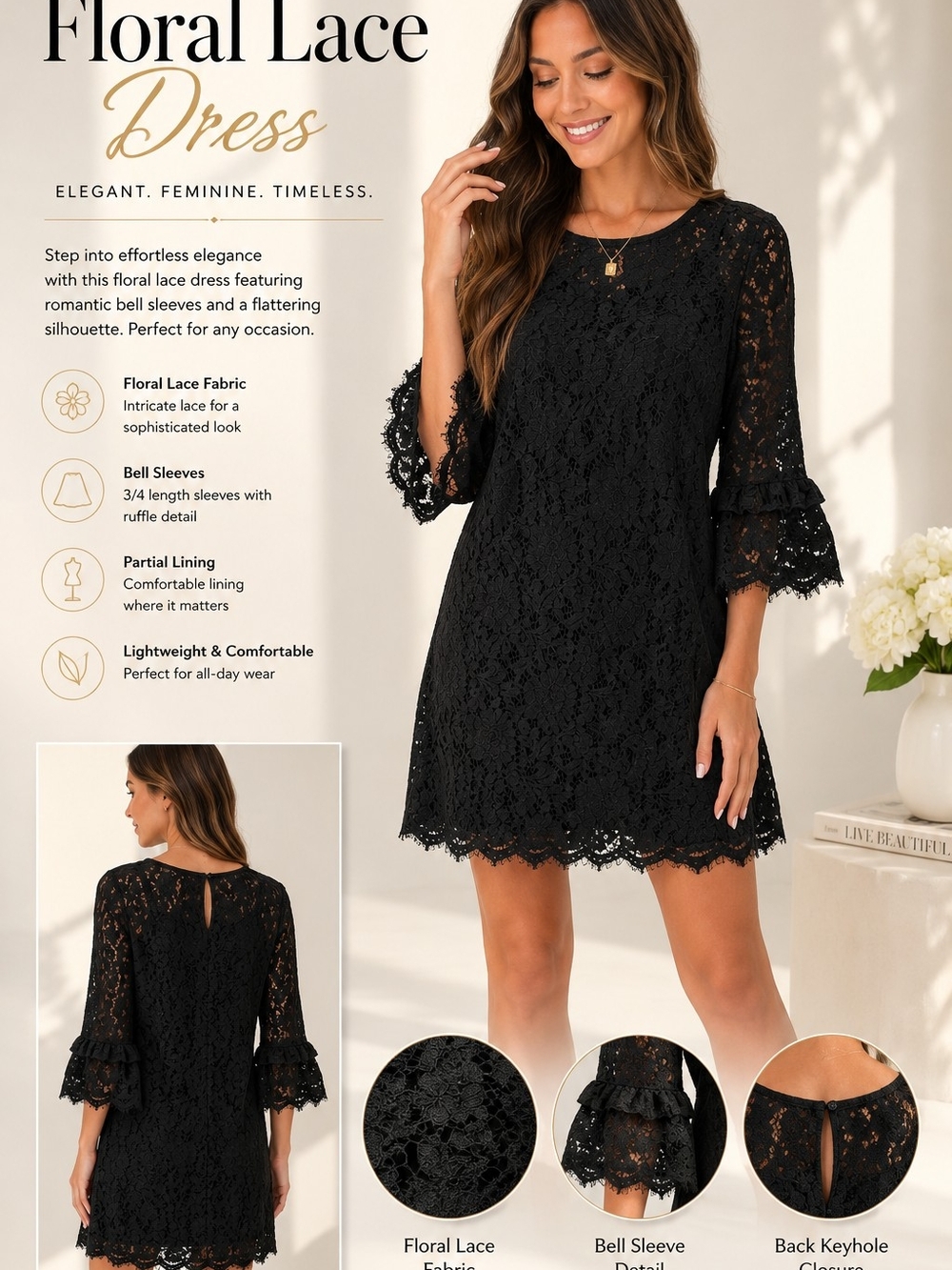 Black Floral Lace,  Bell Sleeve Mini Dress. Size M. 12B0389